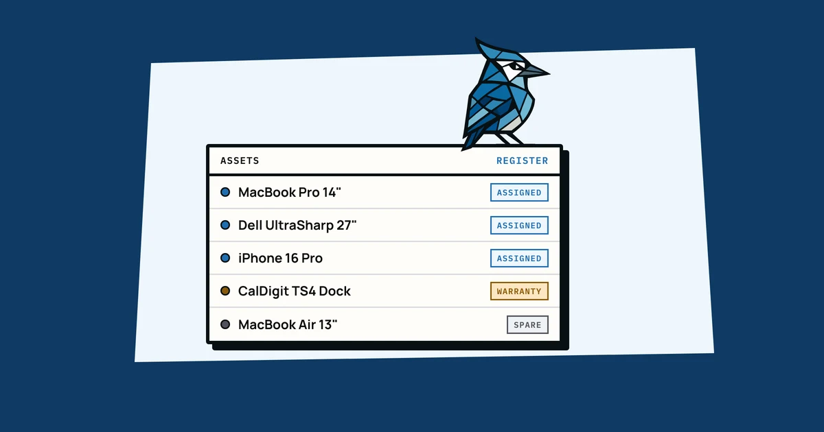 Jay the blue jay perched on an asset register listing laptops, monitors and phones