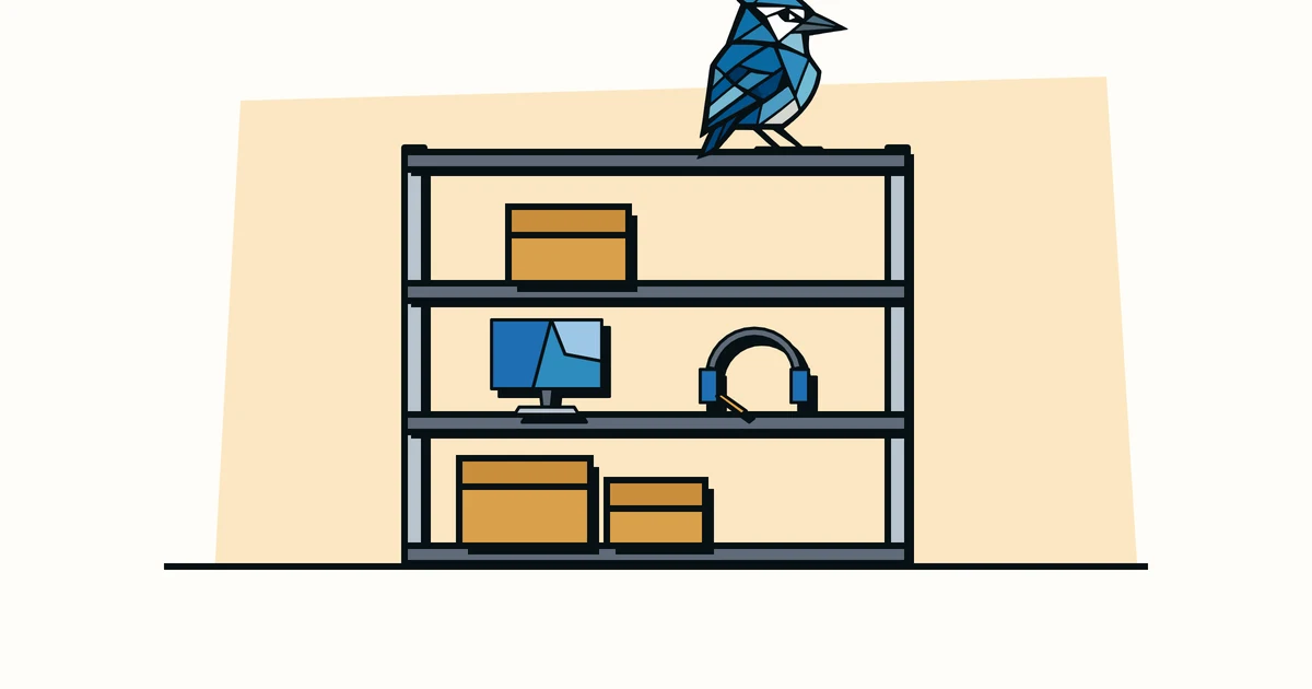 Jay the blue jay perched on top of a shelf of boxes, a monitor and a headset