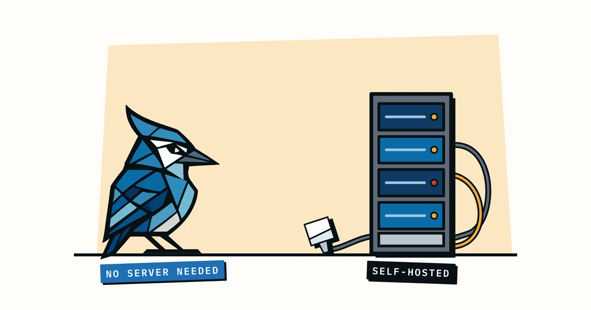 Jay the blue jay side-eyeing a self-hosted server tower and its cables