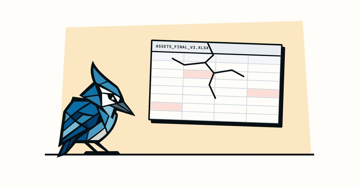 Jay the blue jay pecking a cracked spreadsheet
