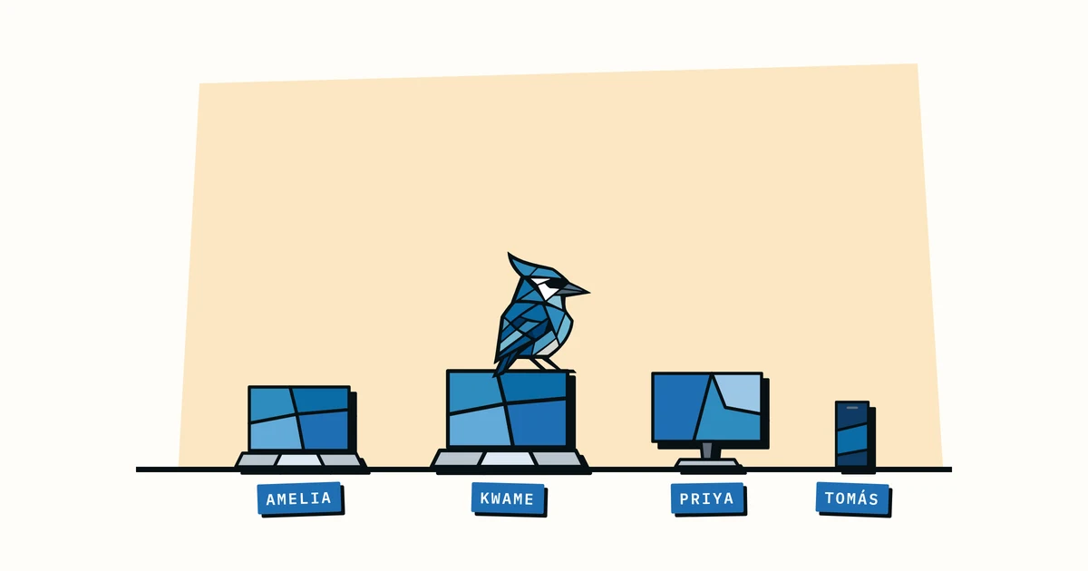 Jay the blue jay sitting on a laptop in a row of team equipment, each labelled with a name