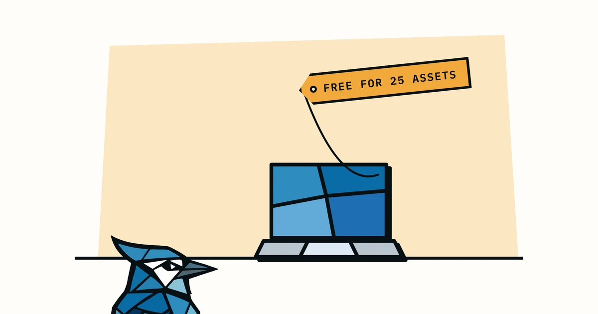 Jay the blue jay peeking up at a laptop with a price tag reading 'free for 25 assets'