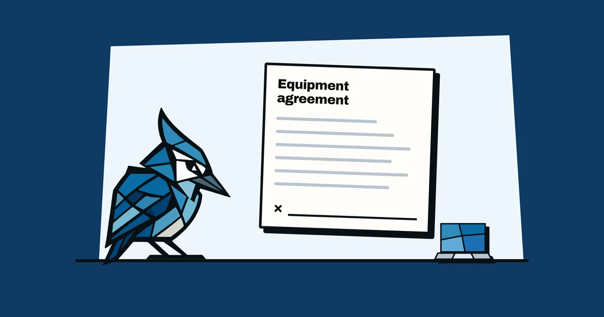 Jay the blue jay pecking at the signature line of an equipment agreement