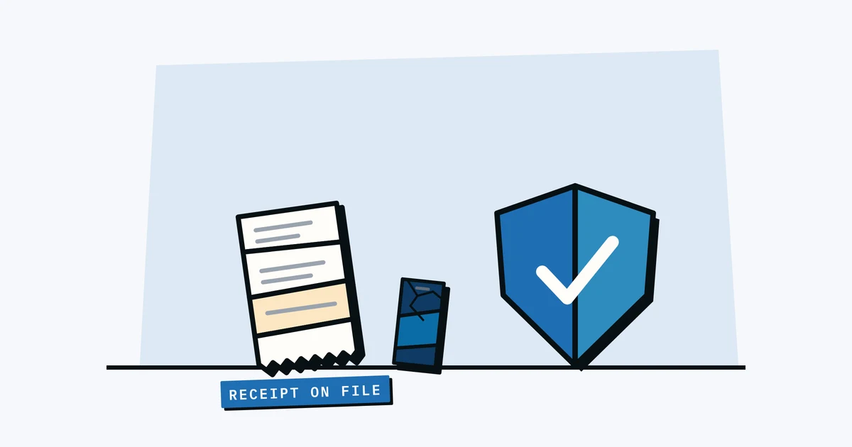 A receipt, a cracked phone and a shield with a tick, with a tape reading 'receipt on file'