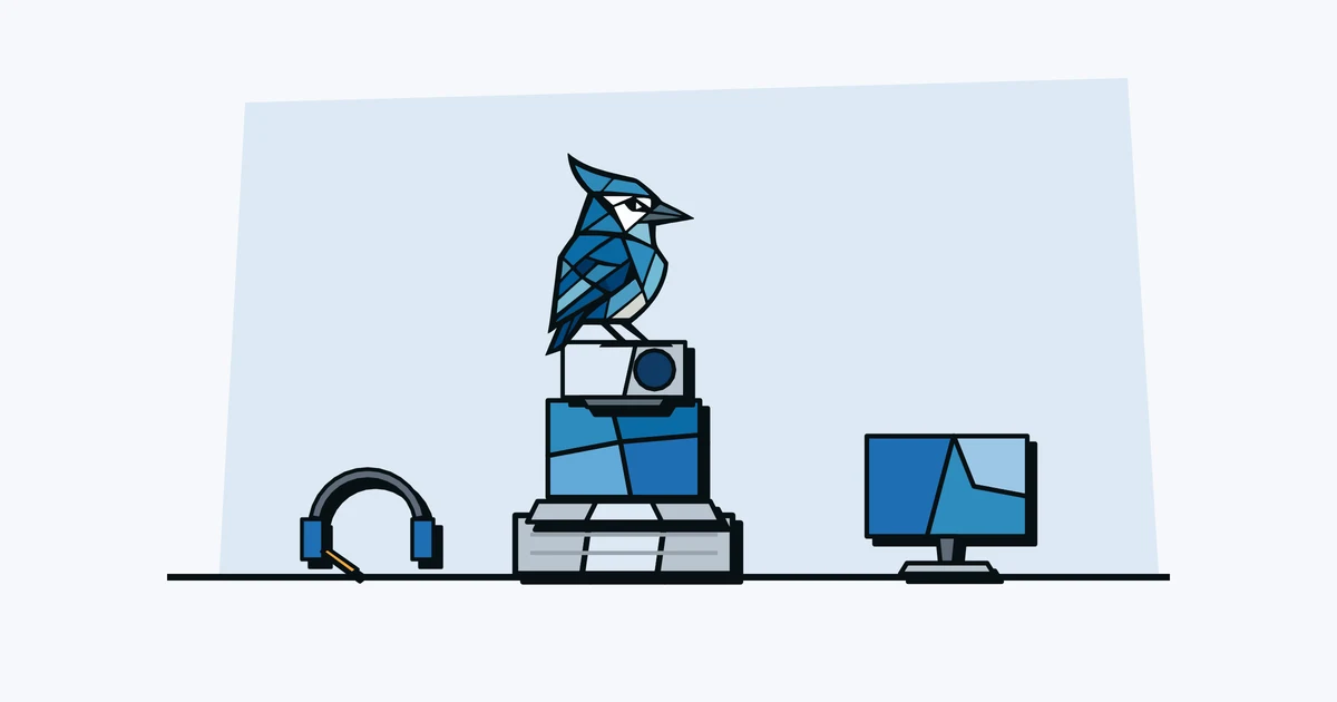 Jay the blue jay perched on top of a stack of keyboard, laptop and projector