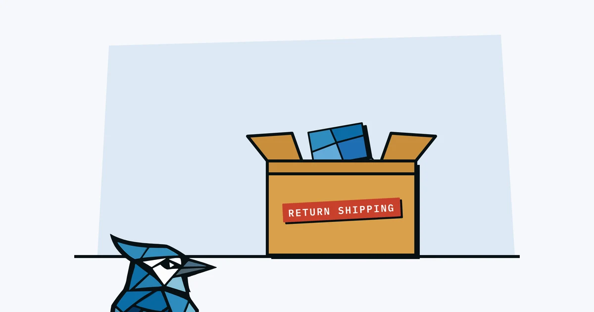 Jay the blue jay peeking up at a box labelled 'return shipping' with a laptop inside