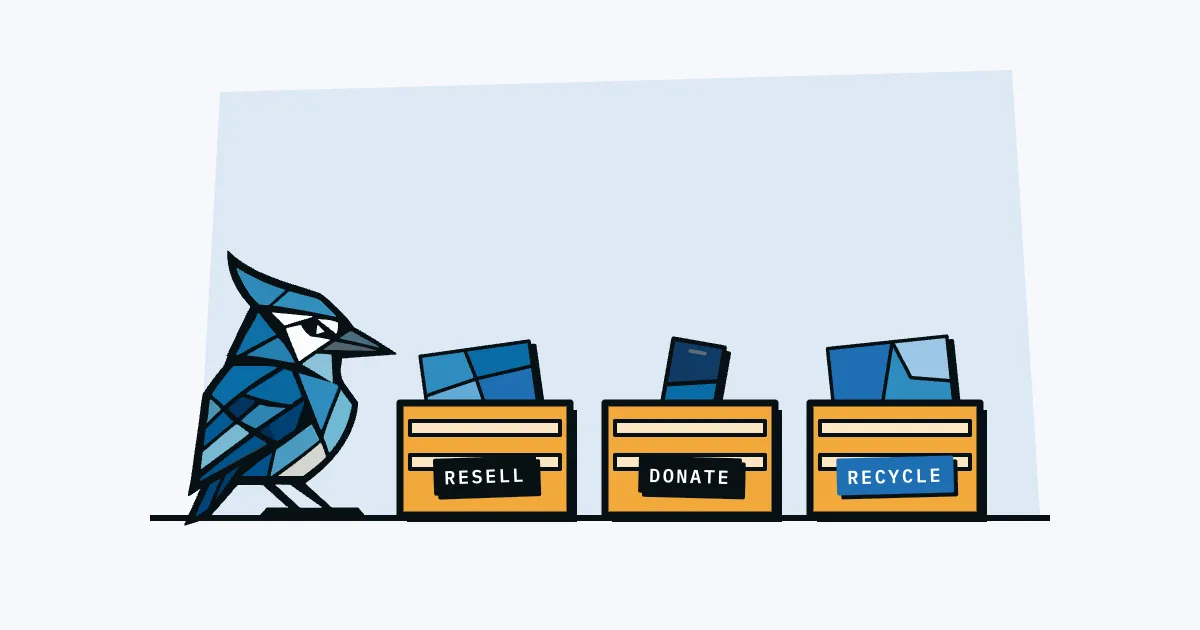 Jay the blue jay beside three crates labelled resell, donate and recycle, with an old laptop, phone and monitor going into them