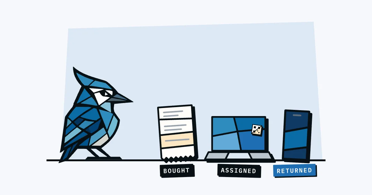 Jay the blue jay watching a receipt, a tagged laptop and a phone, labelled bought, assigned and returned