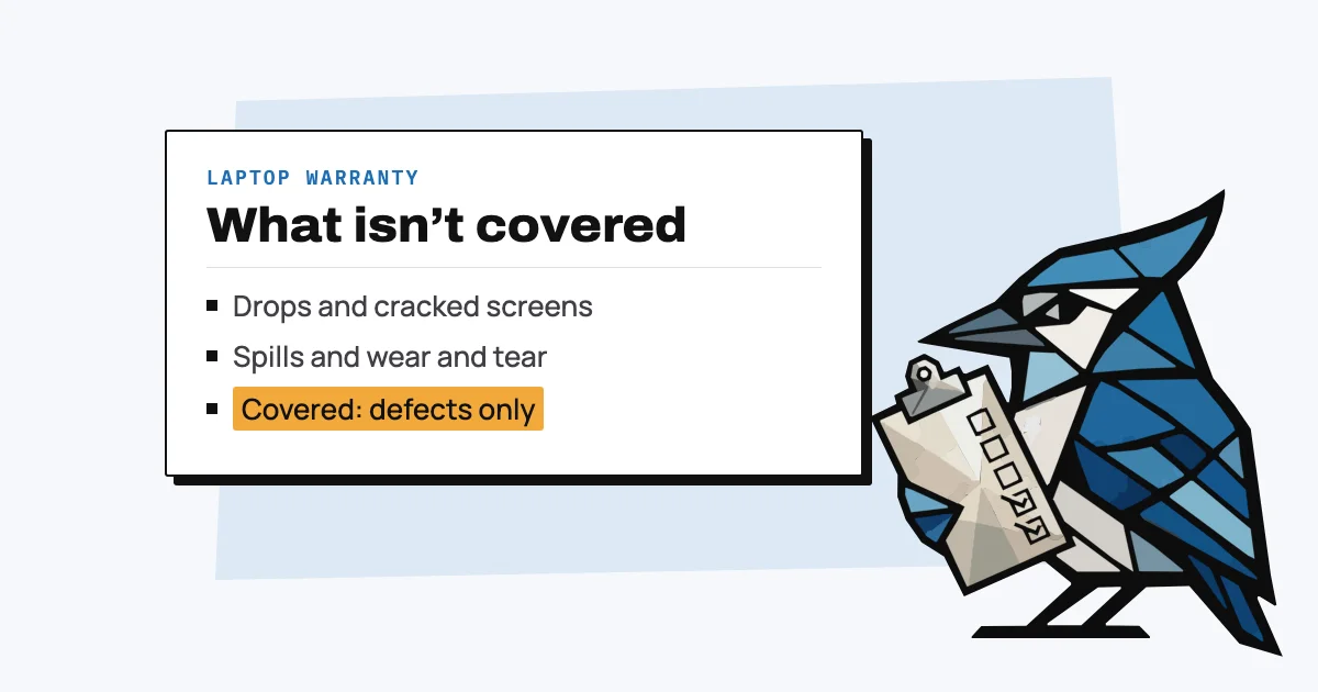 Jay the blue jay holding a clipboard next to a warranty card listing what's covered and what isn't