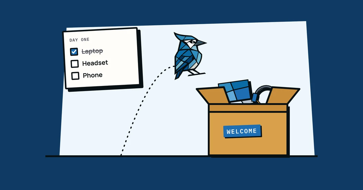 Jay the blue jay hopping into a welcome box with a laptop and headset, next to a day-one checklist