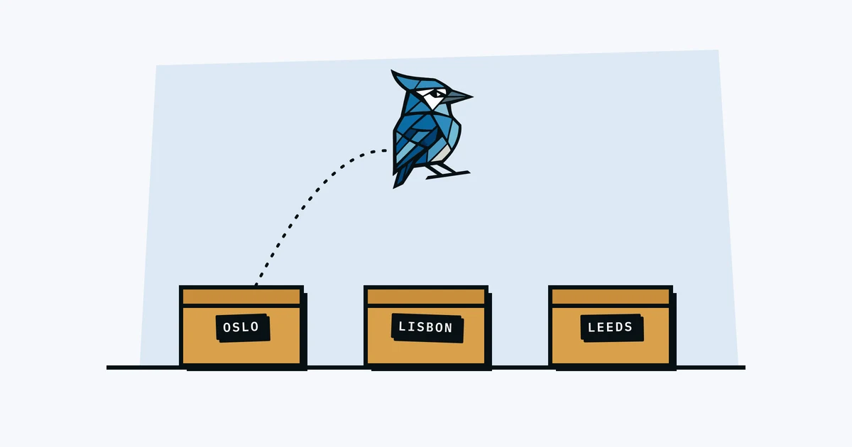 Jay the blue jay hopping between boxes labelled Oslo, Lisbon and Leeds