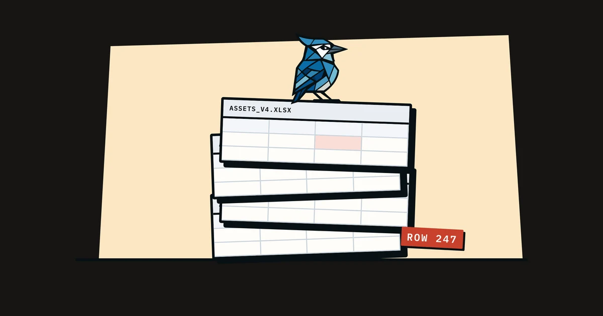 Jay the blue jay perched on a tall stack of spreadsheets, with a tape reading 'row 247'