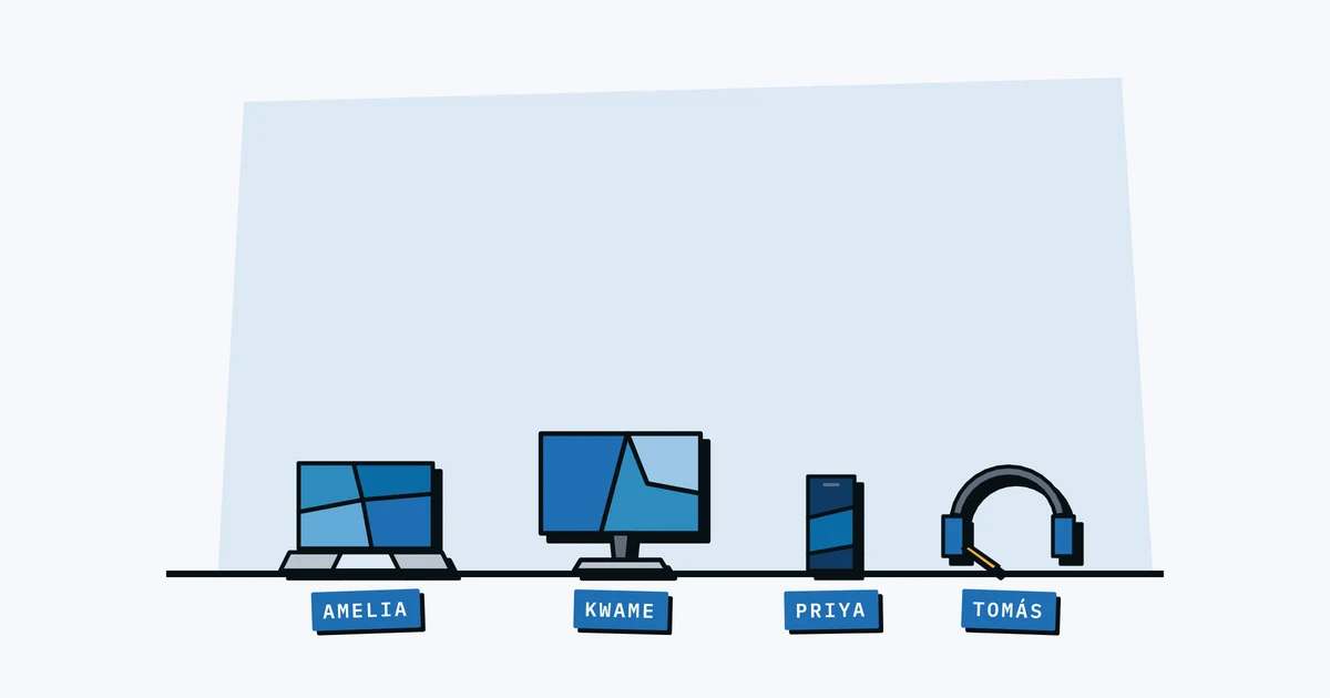 A laptop, monitor, phone and headset, each labelled with the name of the person who has it