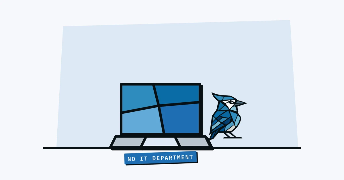 Jay the blue jay standing on a large laptop labelled 'no IT department'