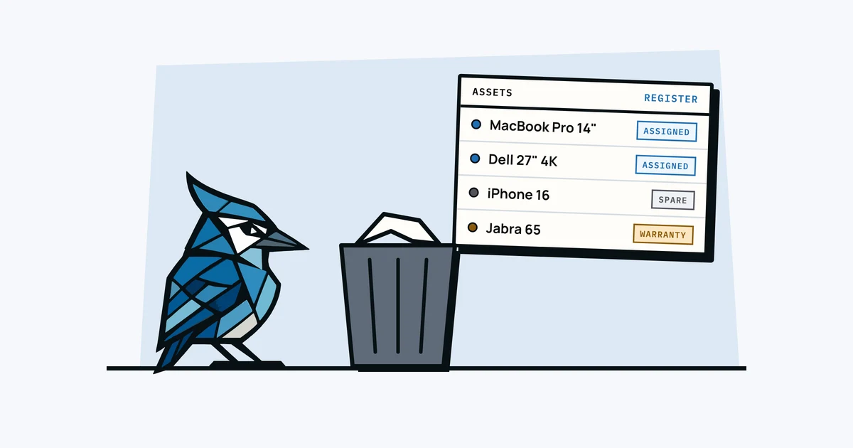 Jay the blue jay side-eyeing a crumpled spreadsheet in a bin, next to a tidy asset register