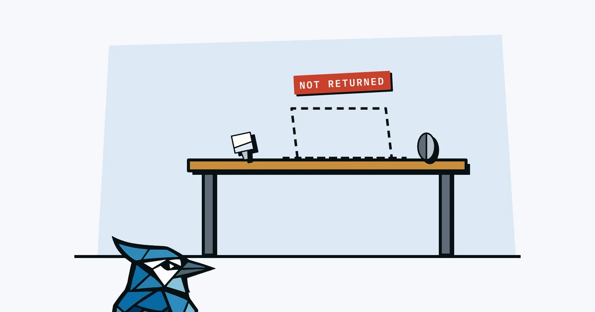 Jay the blue jay peeking up at a desk with a dashed outline where a laptop should be, labelled 'not returned'