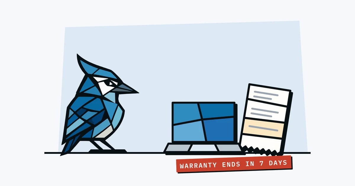 Jay the blue jay eyeing a laptop and its receipt, with a tape reading 'warranty ends in 7 days'