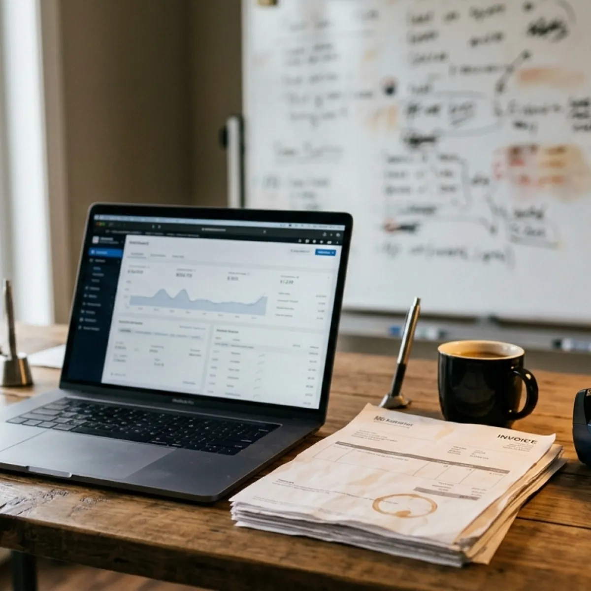 Small business owner's desk with laptop, invoices, and a barcode label gun