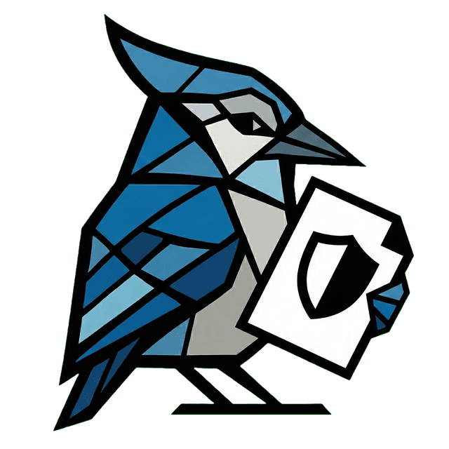 AssetJay mascot holding an insurance document next to office equipment