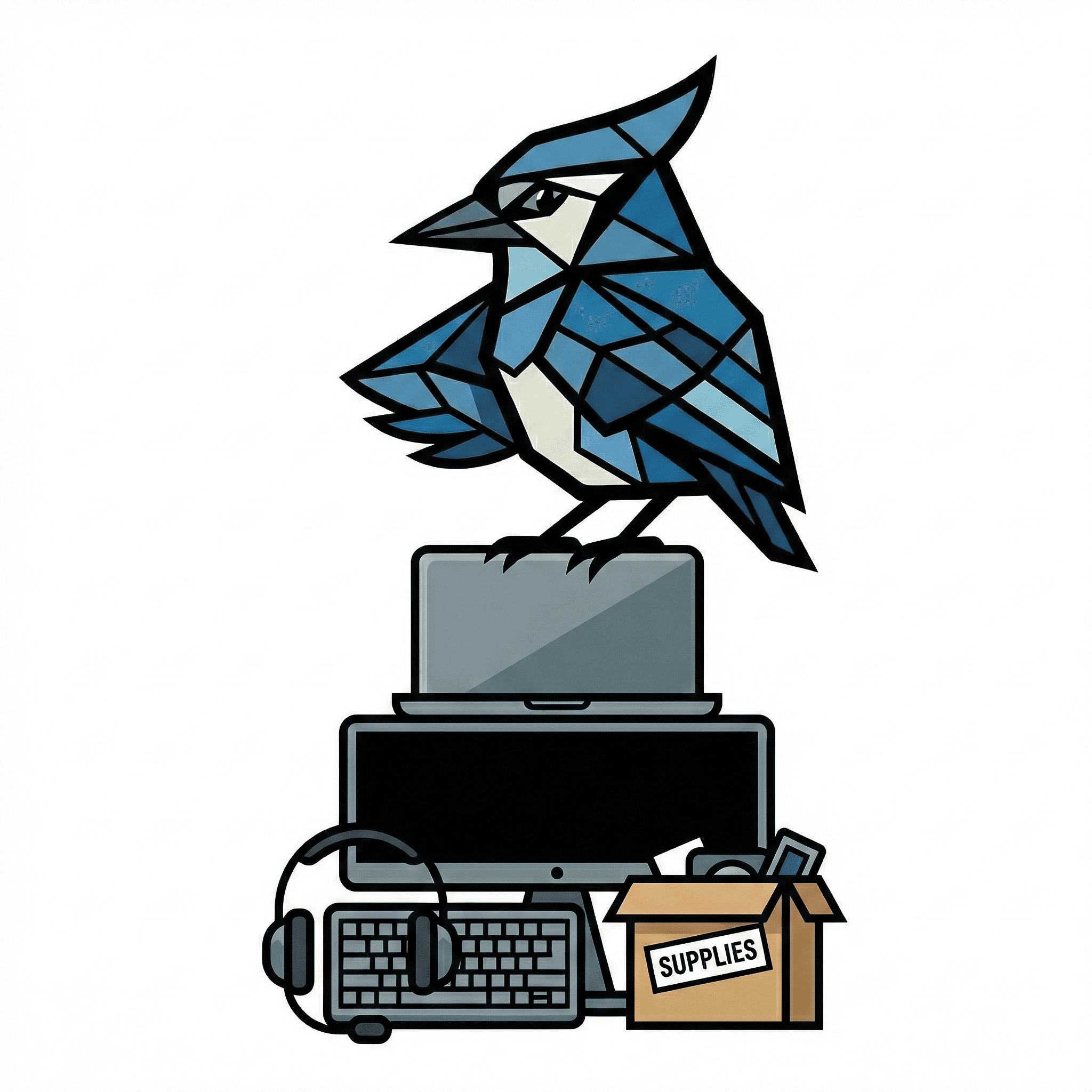 AssetJay mascot perched on a stack of organized office equipment
