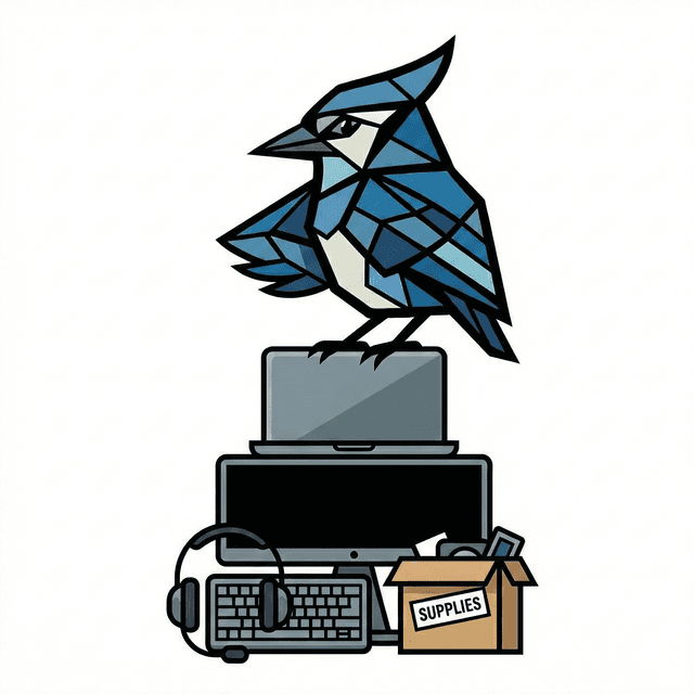 AssetJay mascot perched on a stack of organized office equipment
