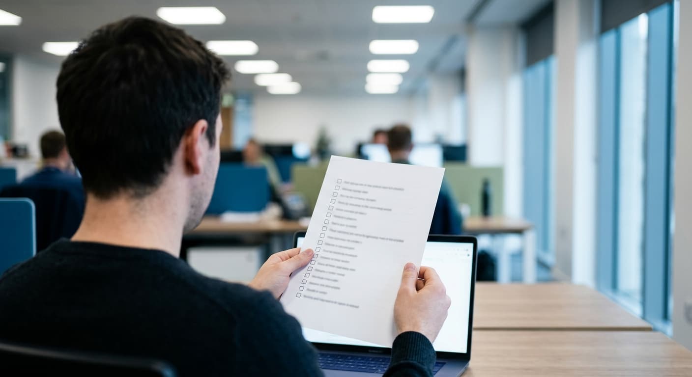 Office equipment with a policy document on a desk
