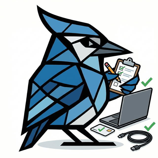 AssetJay mascot checking off equipment on a clipboard