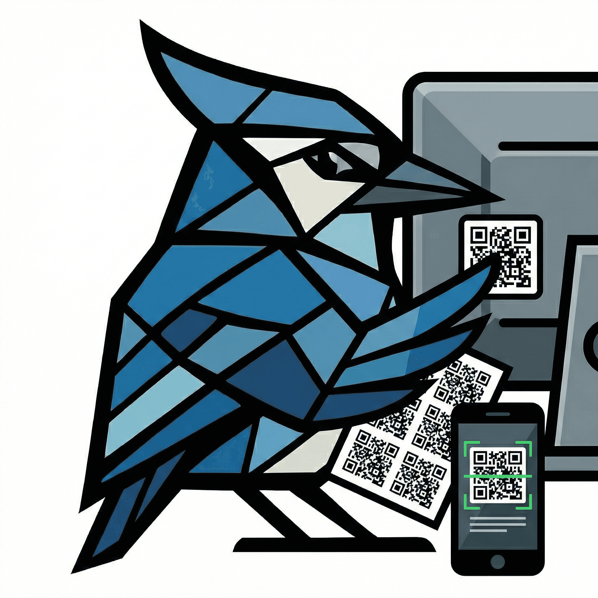 AssetJay mascot applying QR code labels to a monitor