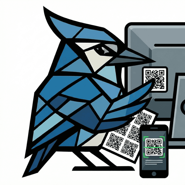 AssetJay mascot applying QR code labels to a monitor