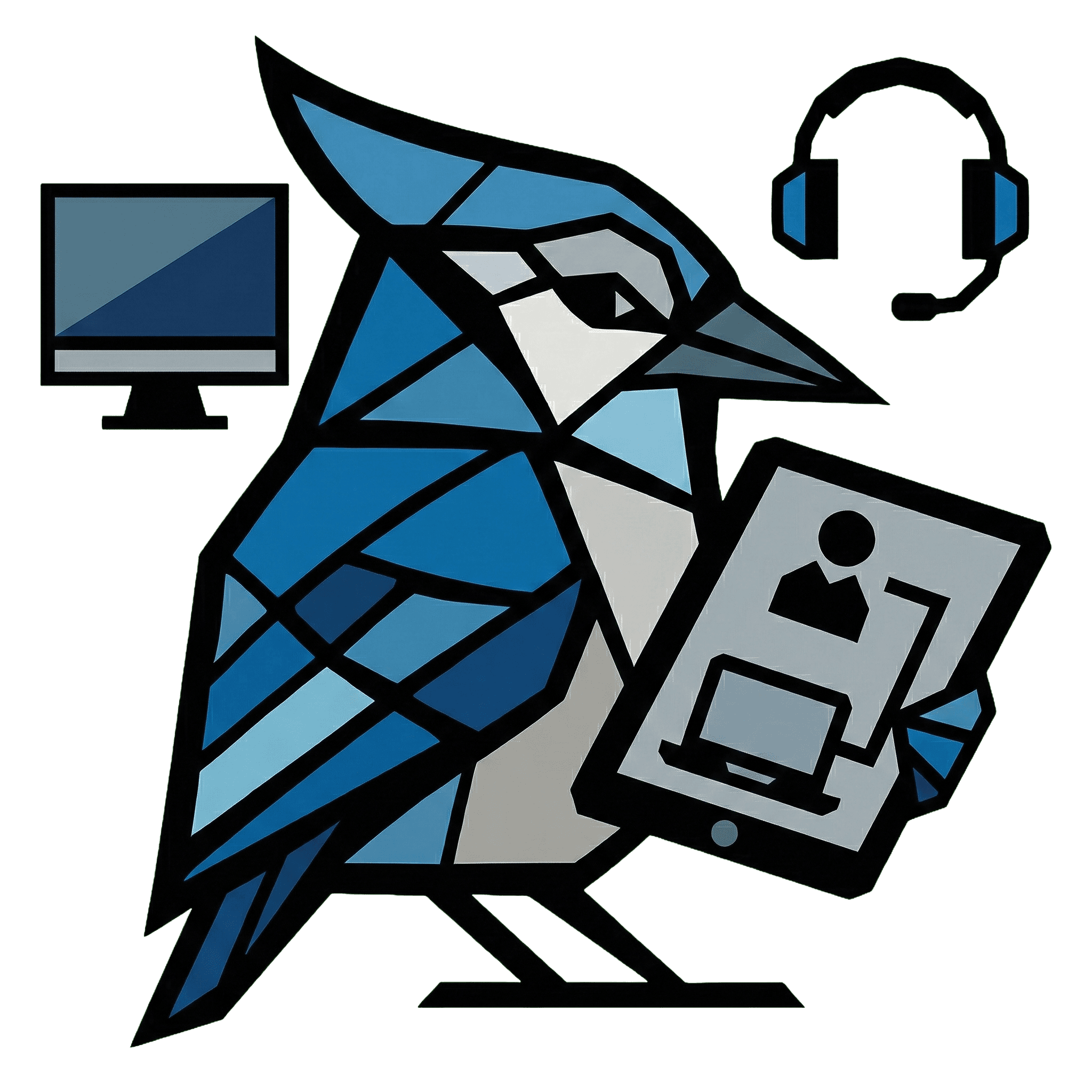 AssetJay mascot reviewing equipment assignments on a tablet