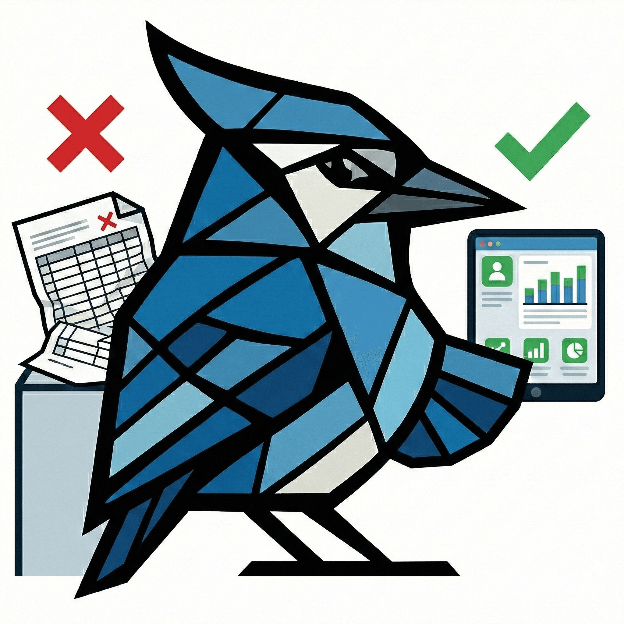 AssetJay mascot comparing a messy spreadsheet to a clean tracking app