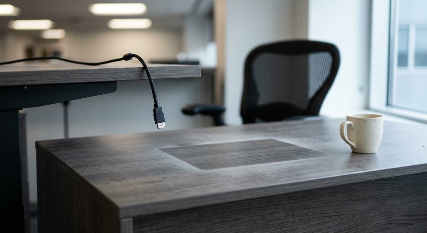 Empty desk with missing equipment after an employee departure