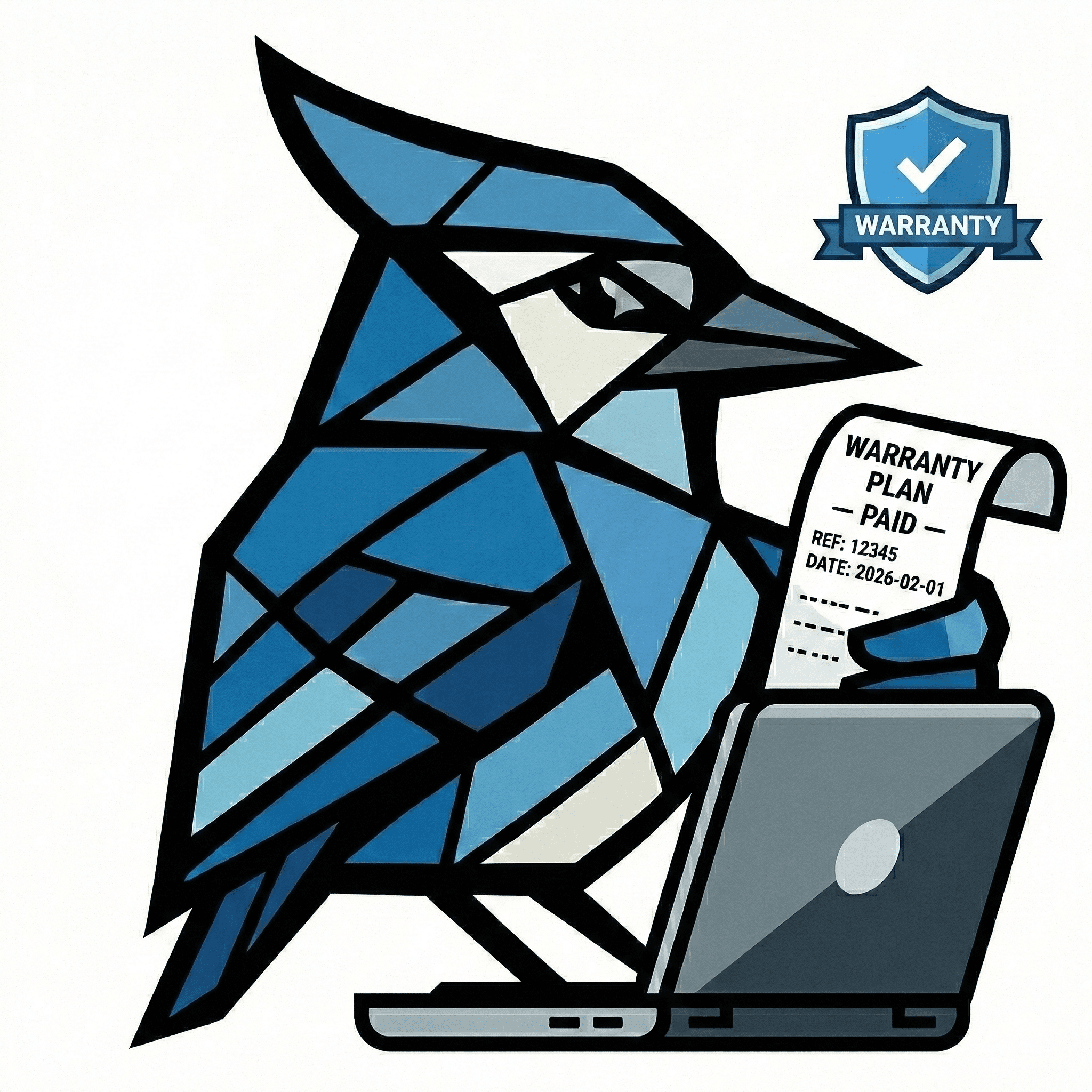 AssetJay mascot holding a warranty receipt next to a laptop