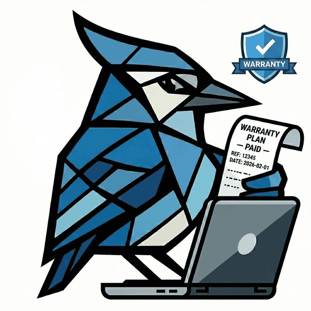AssetJay mascot holding a warranty receipt next to a laptop