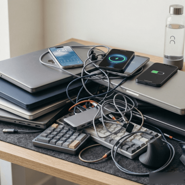 Founder looking at a messy pile of office equipment