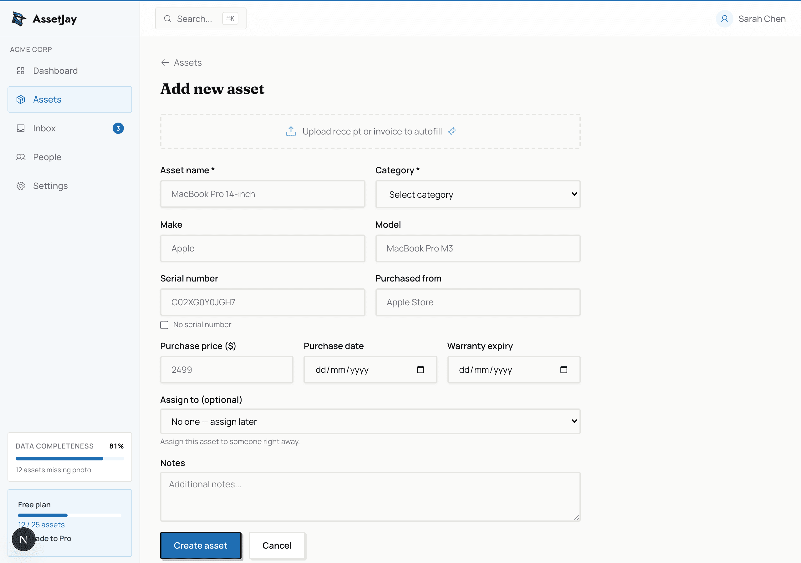 AssetJay add asset form with fields for name, category, price, warranty, and assignment