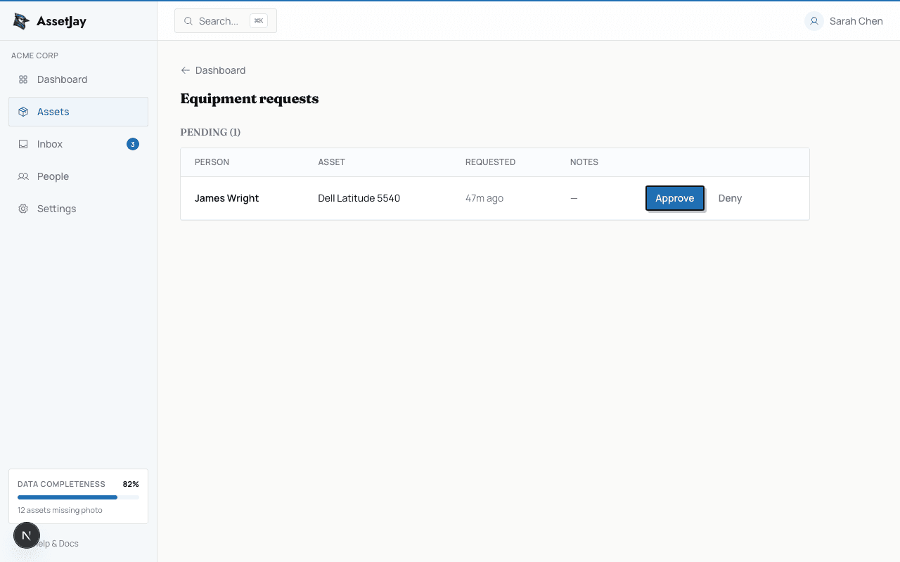 Admin equipment requests page showing a pending request with approve and deny buttons