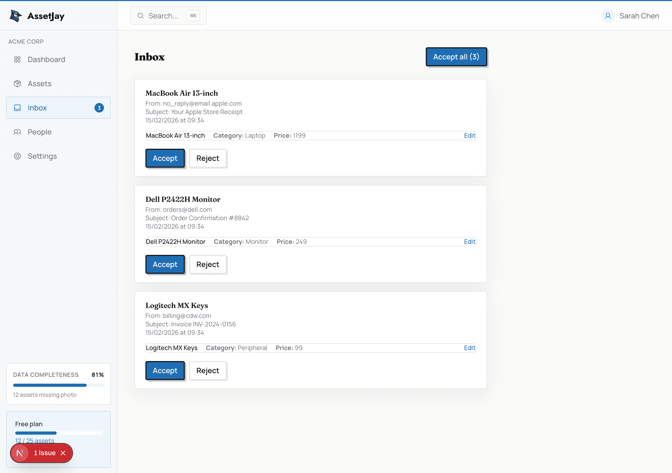 AssetJay imports page showing pending email imports with extracted asset information