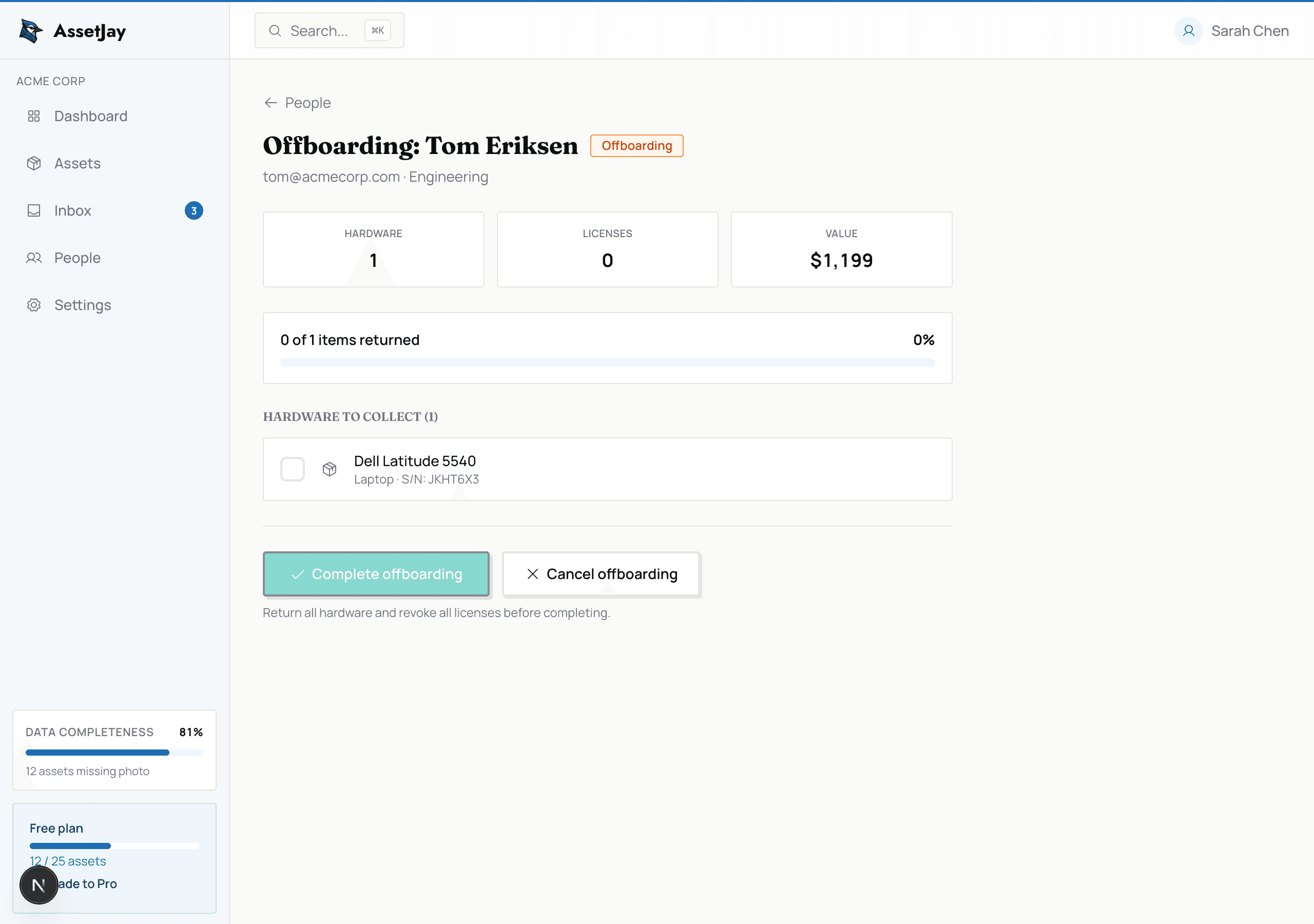 AssetJay offboarding checklist showing assigned assets to collect from departing employee