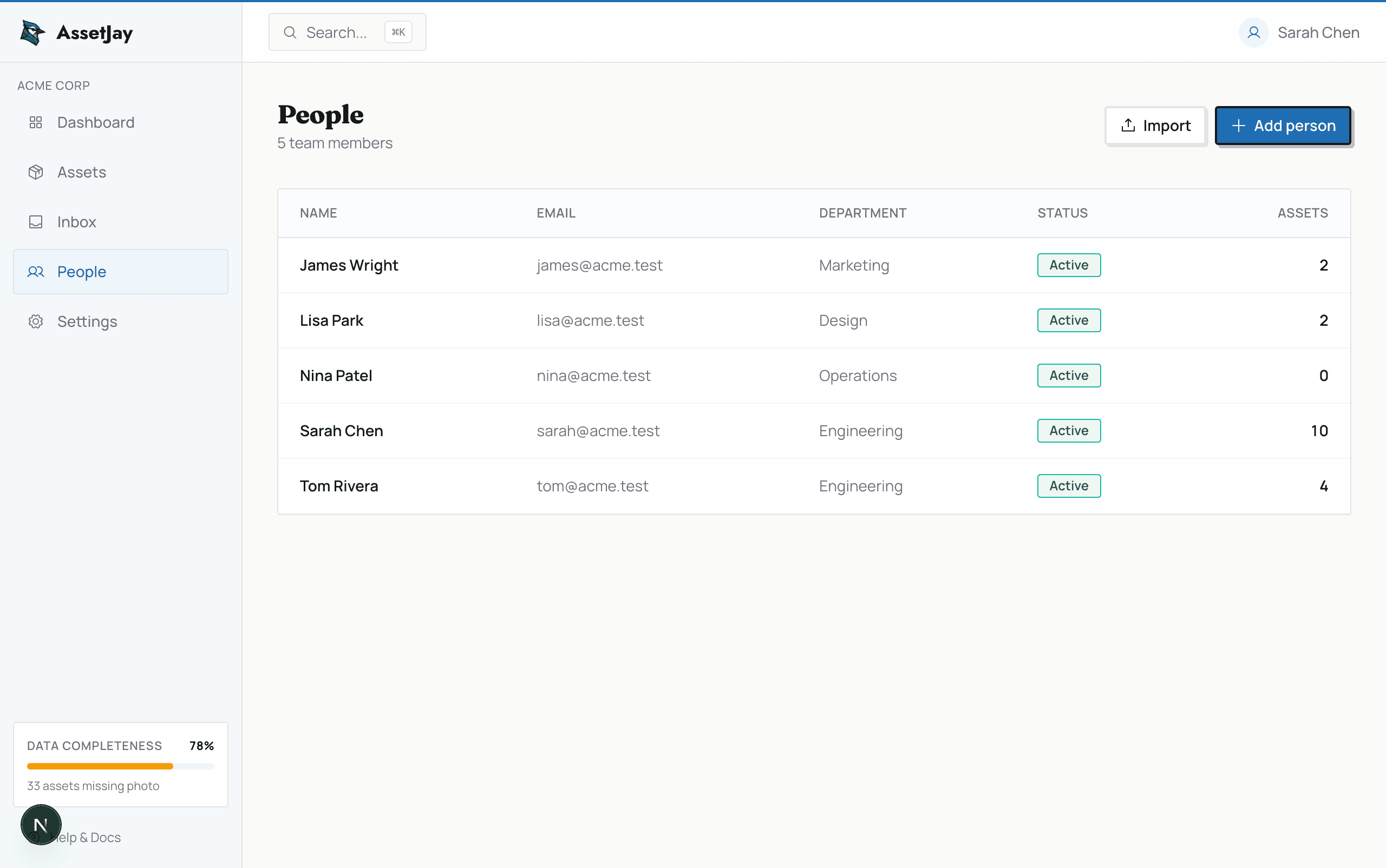 AssetJay people page showing team members with assigned asset counts