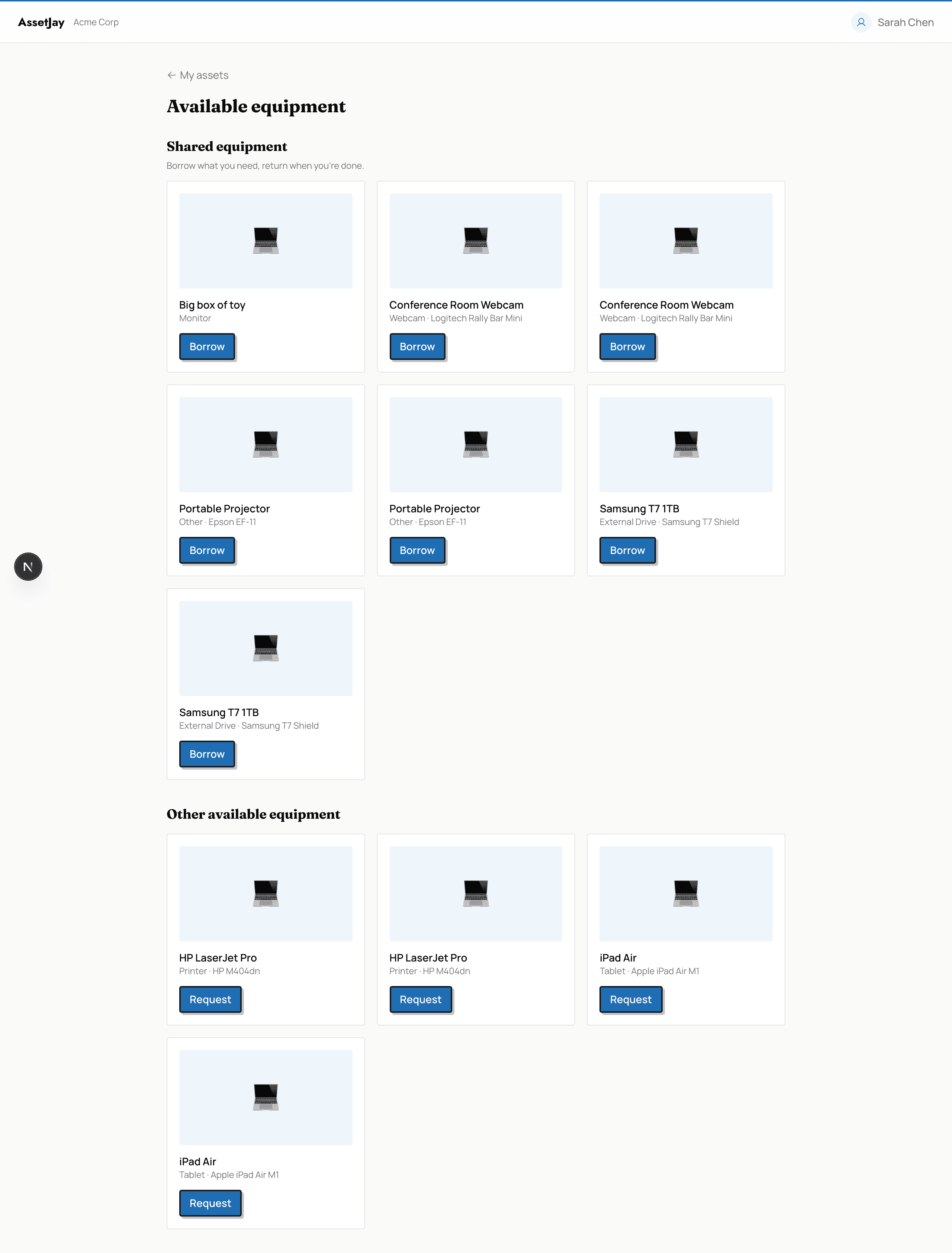 Employee portal available equipment page showing assets that can be requested or checked out
