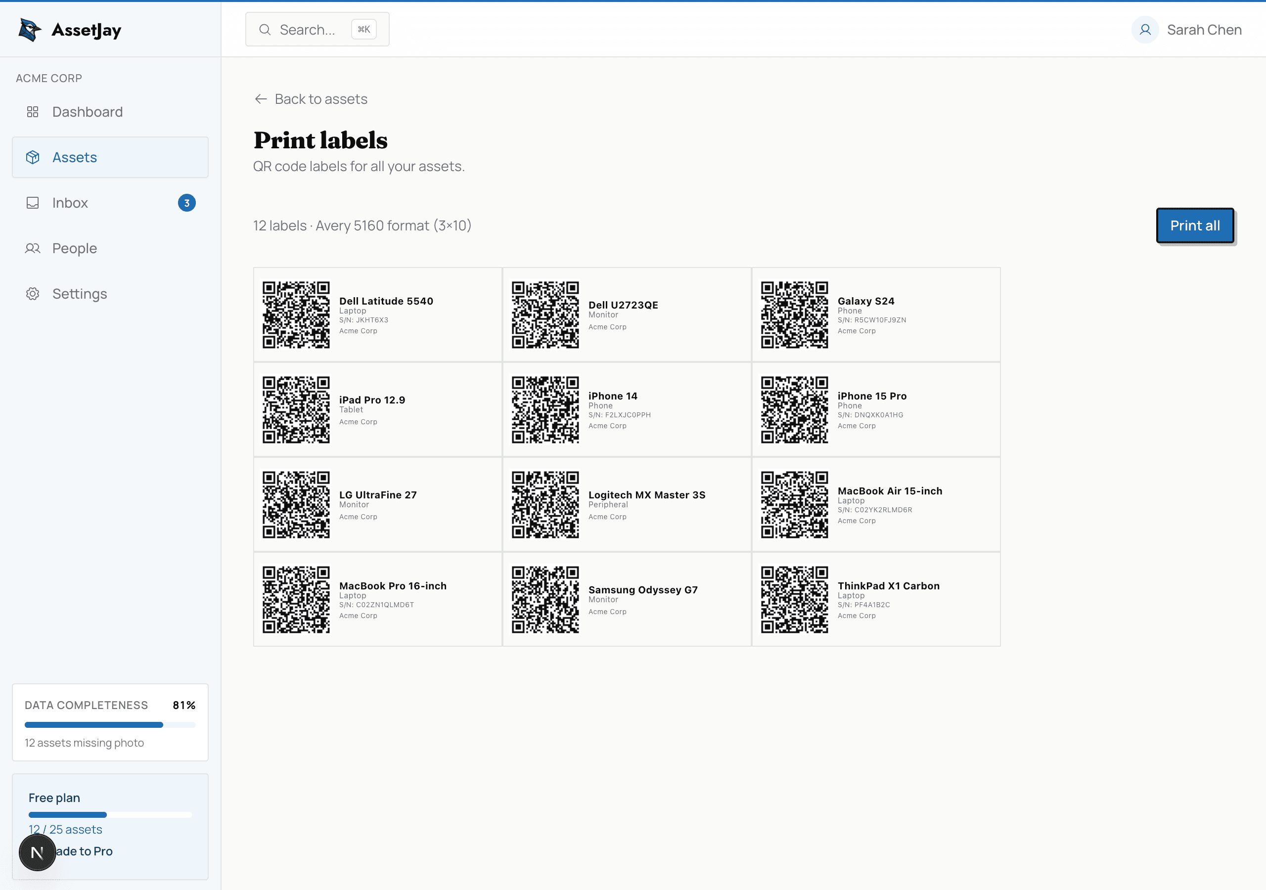 AssetJay QR code label generation page with printable label sheets