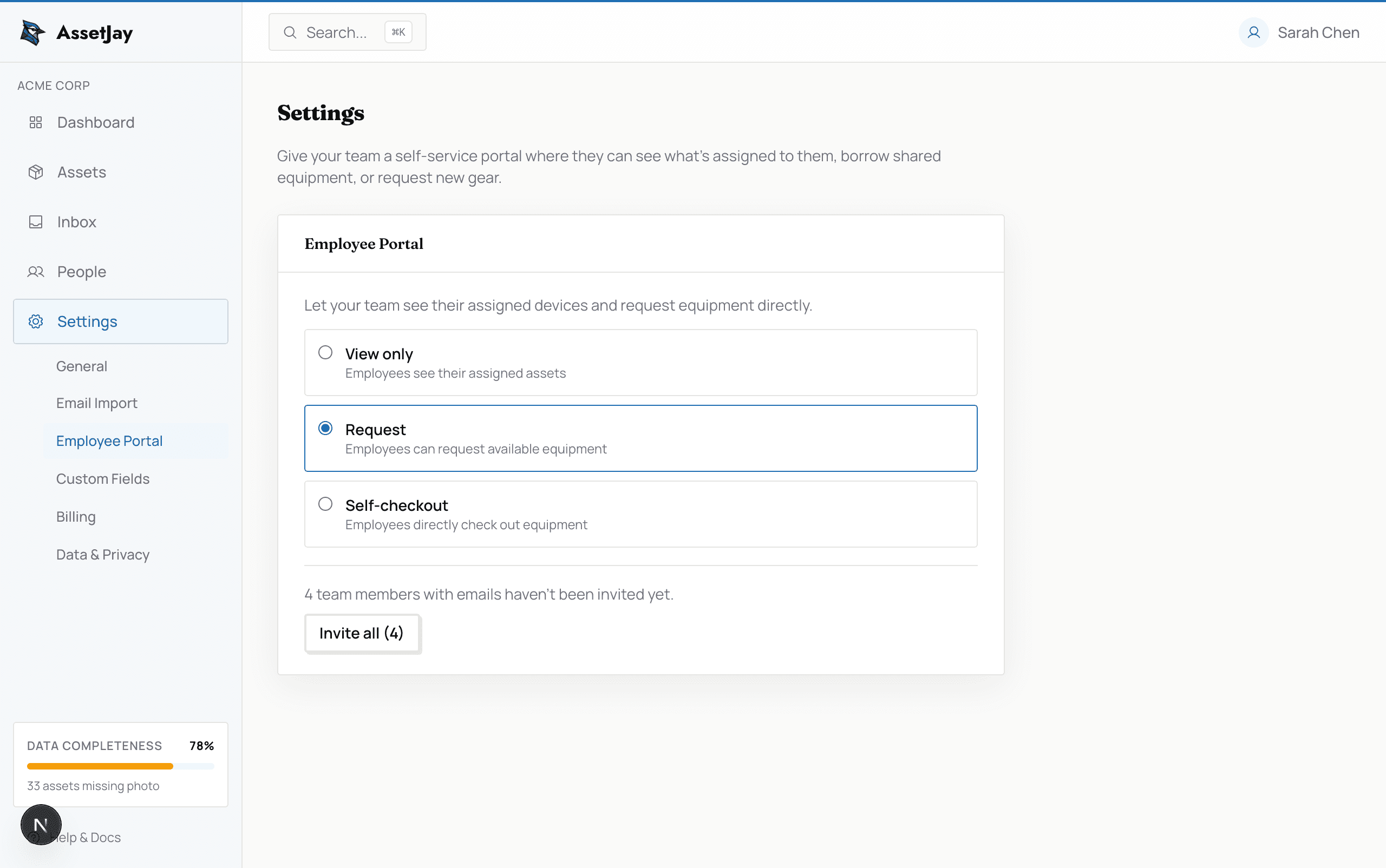 AssetJay settings page showing employee portal mode selector with view only, request, and self-checkout options