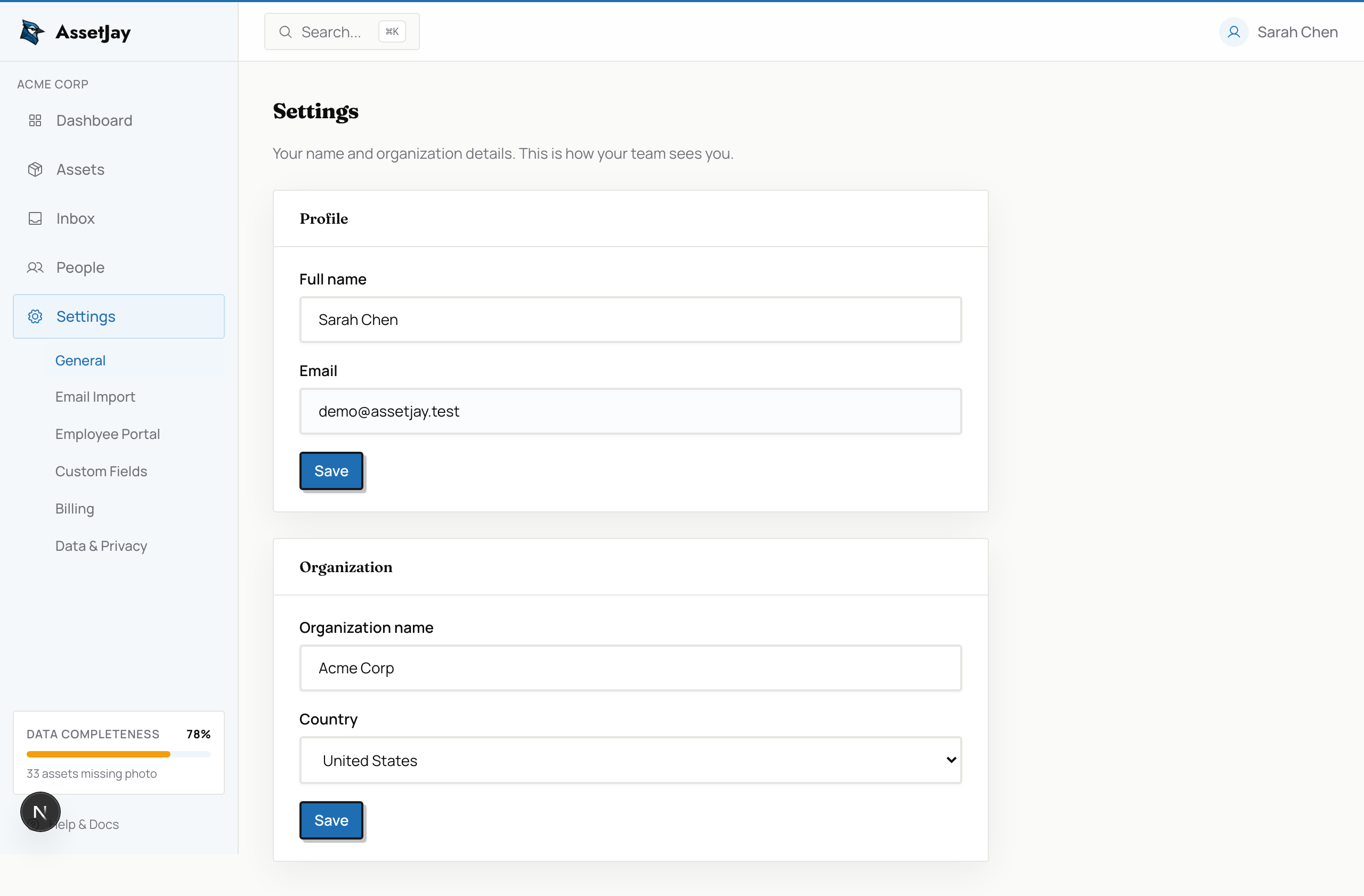 AssetJay settings page showing organization name and country