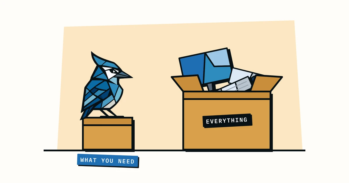 Jay the blue jay perched on a small box labelled 'what you need', next to an overflowing box labelled 'everything'