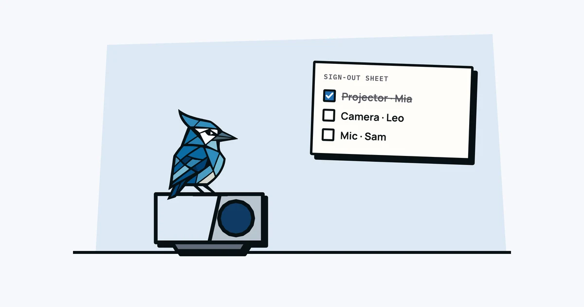 Jay the blue jay perched on a projector next to an equipment sign-out sheet