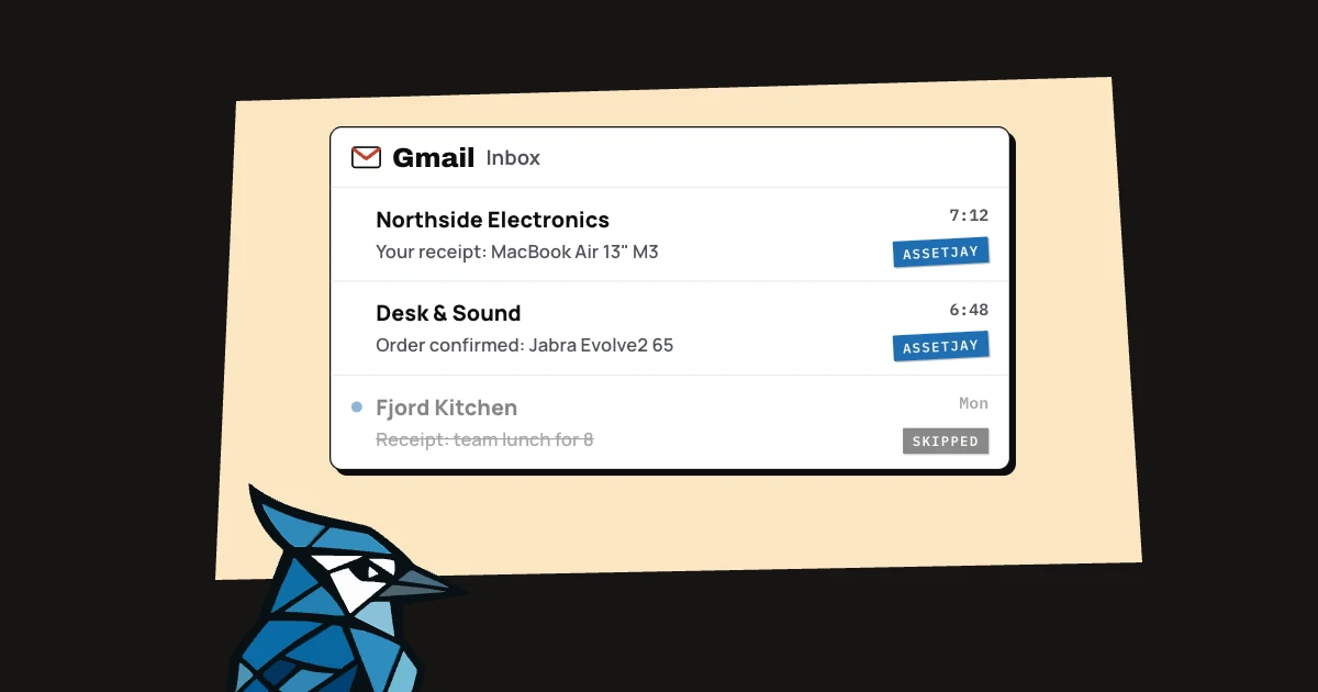 Jay the blue jay peeking up at a Gmail inbox with three receipts: two labelled AssetJay, and a team lunch skipped