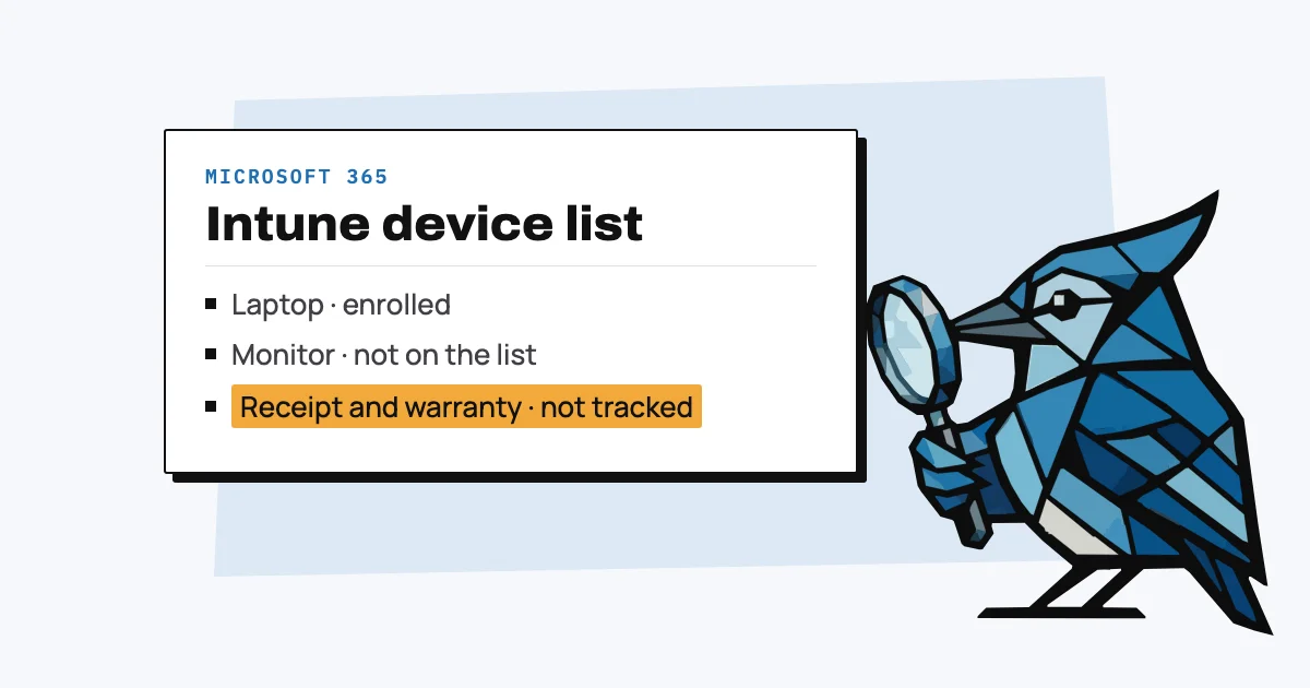 Jay the blue jay with a magnifying glass next to a device list showing an enrolled laptop, and a monitor and dock that aren't on it