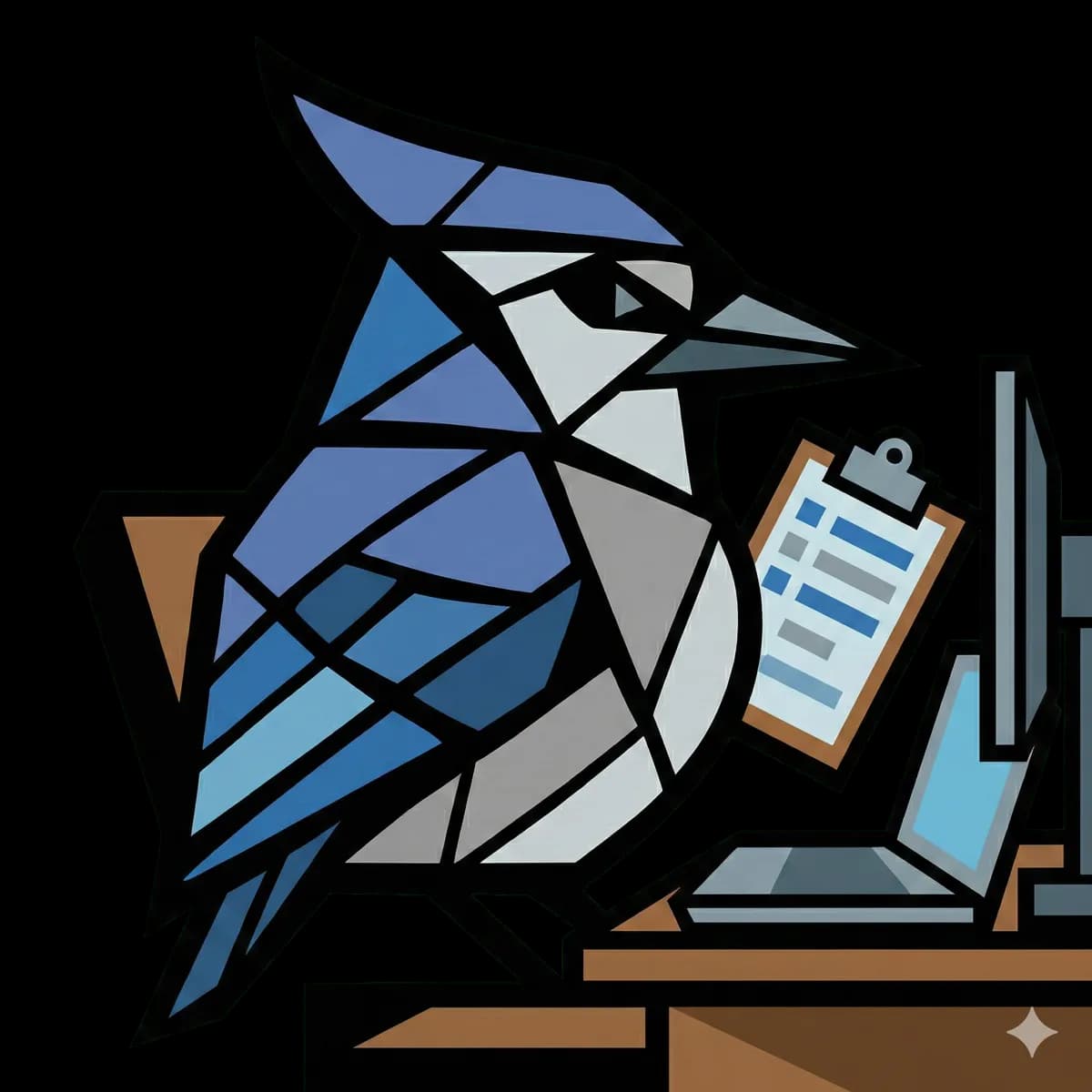 AssetJay mascot organizing an asset register on a clipboard