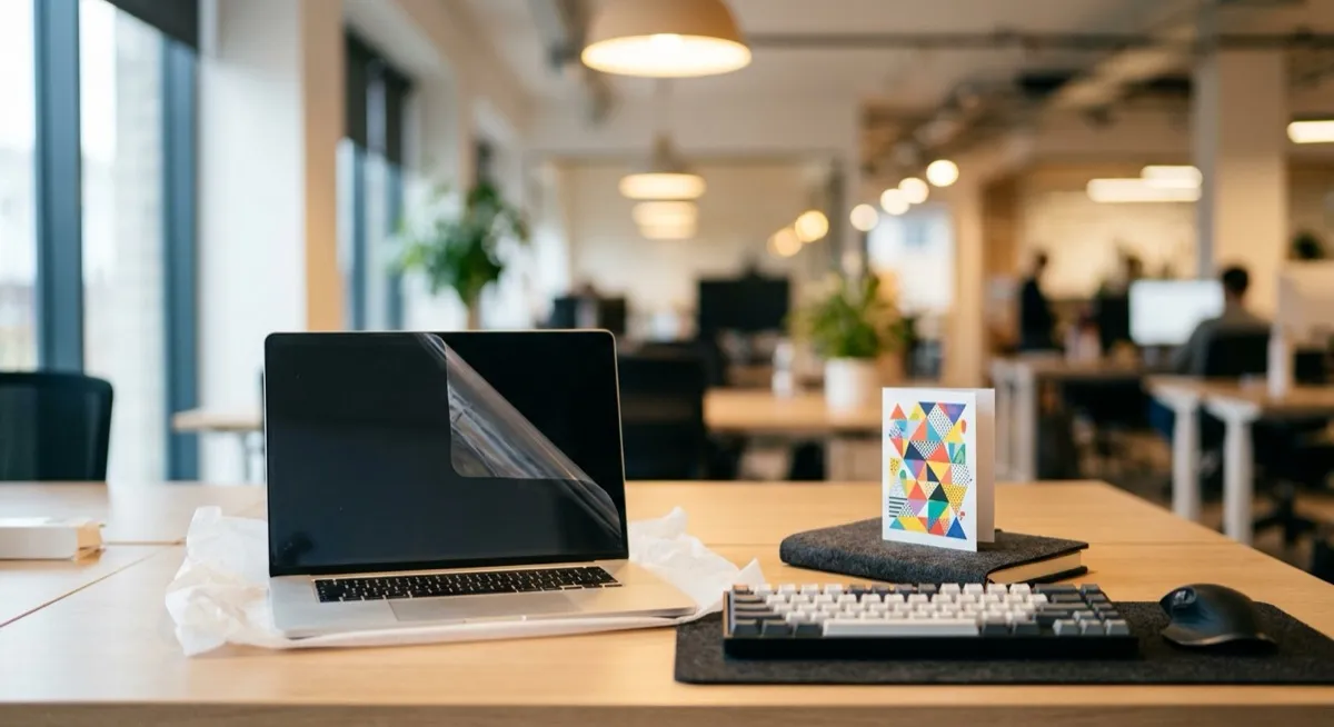 New employee desk setup with laptop, monitor, and peripherals